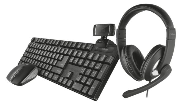Trust Qoby 4 en 1 Pack de Webcam con Microfono HD 720p 8MP + Auriculares con Microfono + Teclado Inalambrico + Raton Inalambrico 1600dpi