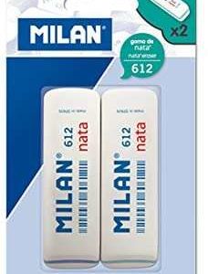 Milan Nata 612 Pack de 2 Gomas de Borrar Biseladas - Plastico - Suave - No Abrasiva - Color Blanco
