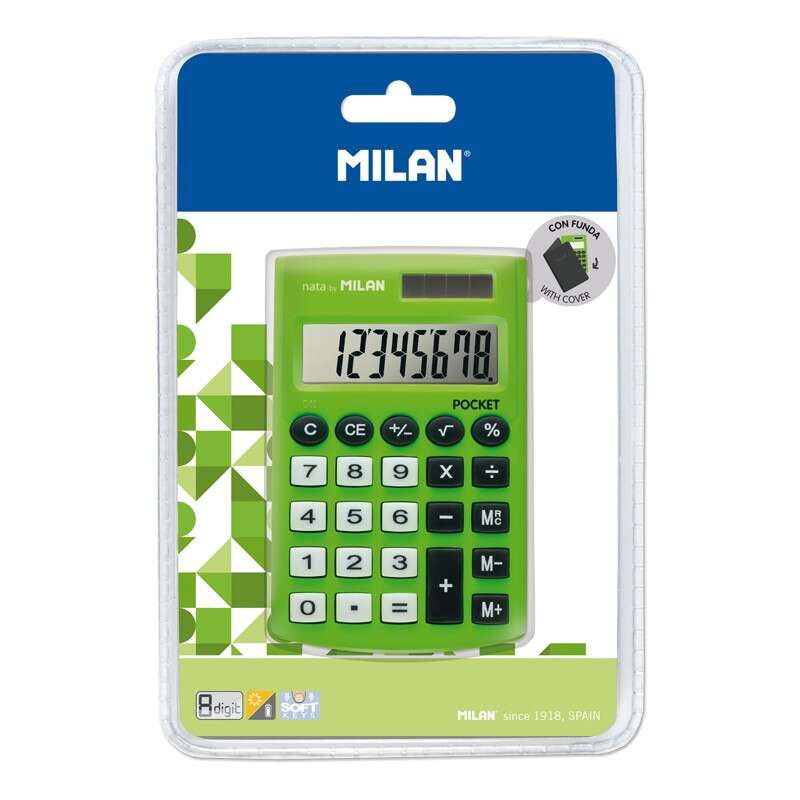 Milan Pocket Digitos Calculadora 8 - Calculadora de Bolsillo - Tacto Suave - 3 Teclas de Memoria y Raiz Cuadrada - Color Verde