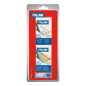 Milan Pack de 2 Cajas de 10 Tizas, 1xCaja Tizas Blancas, 1x Caja Tizas Colores - Redondas - No Contienen Caseina - Colores Surtidos