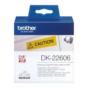 Brother DK22606 - Etiquetas Originales de Tamaño personalizado - Ancho 62mm x 15,24 metros - Texto negro sobre fondo amarillo