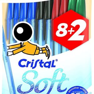 Bic Cristal Soft Pack de 10 Boligrafos de Bola - Punta Media de 1.2mm - Trazo 0.45mm - Escritura mas Fluida - Colores Surtidos