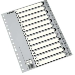 Esselte Bolsa de 50 Indices Numericos de Plastico - Pestañas 1 al 12 - Multitaladro - Formato Folio - Color Gris