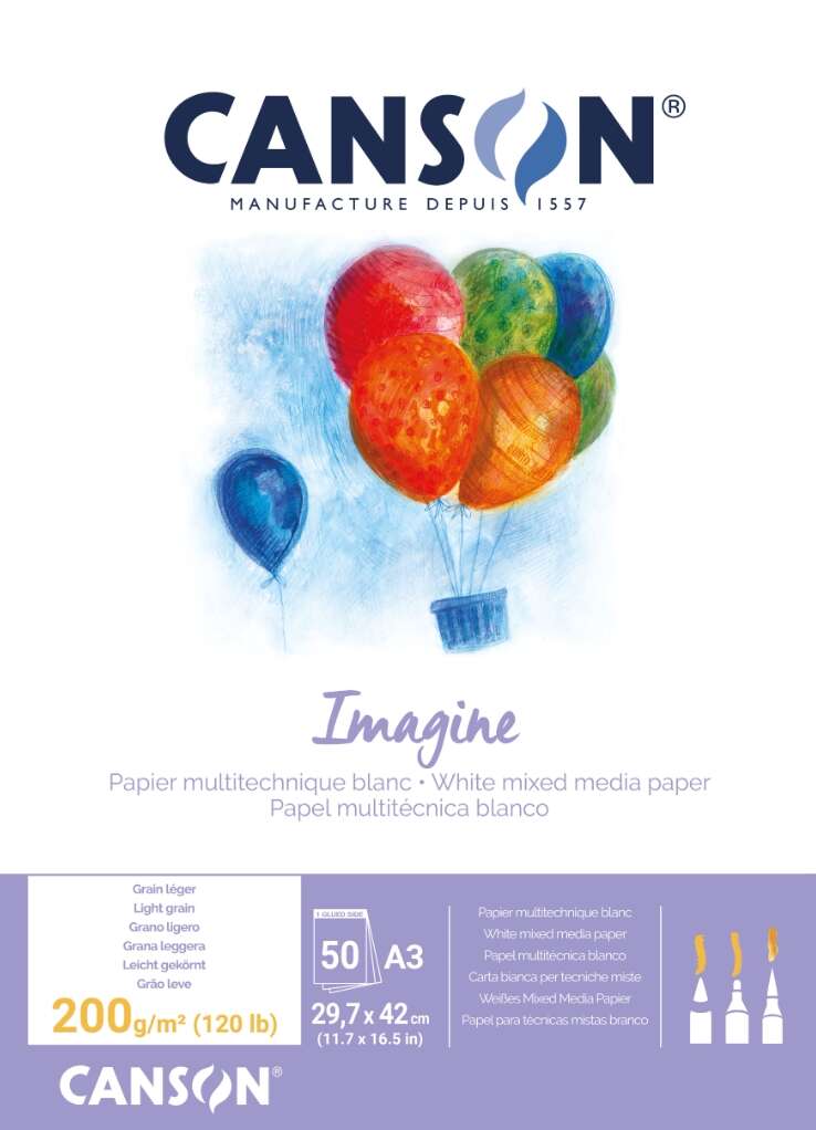 Canson Imagine Bloc Encolado de 50 Hojas A3 - Grano Fino - 29.7x42cm - 200g - Color Blanco
