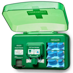 Cederroth Dispensador para el Cuidado de Heridas - Incluye diferentes Tamaños de Apositos Color Azul, Toallitas para Heridas y Venda Autoadherente