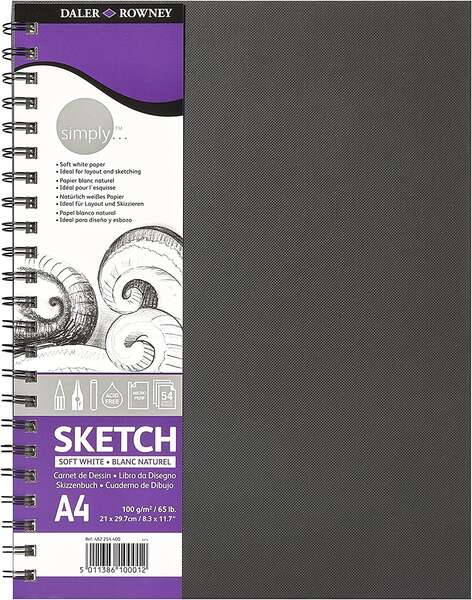 Daler Rowney Simply Cuaderno de Dibujo A4 100g/m2 - Cubierta Rigida con Encuadernacion en Espiral - Color Blanco
