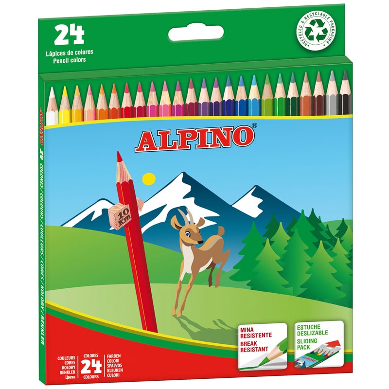 Alpino Pack de 24 Lapices de Colores Hexagonales - Mina de 3mm - Resistente a la Rotura - Bandeja Extraible - Colores Surtidos