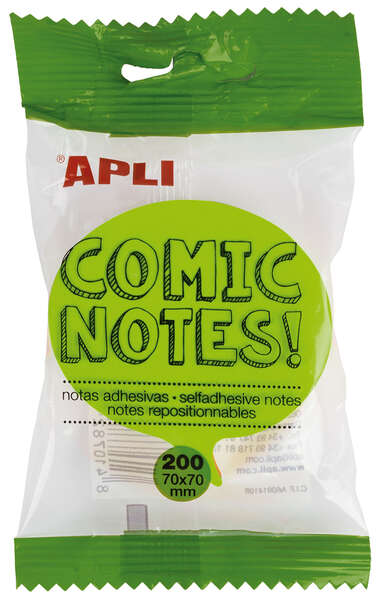 Apli Notas Adhesivas Comic 70x70mm - Bloc 200 Hojas - 4 Colores Surtidos - Fluorescentes