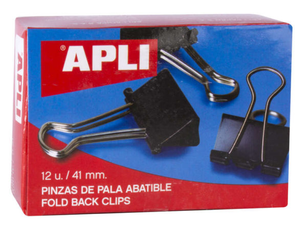 Apli Pinzas Abatibles 20x41mm - Clips de Acero Templado en Negro - Asas en Niquel - Caja de 12 - Sujecion Hasta 170 Hojas
