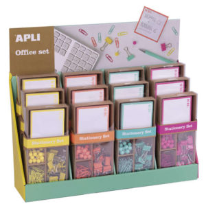 Apli Fluor Collection Expositor de Productos Basicos - Colores Surtidos Fluor - Diseño Moderno - 12 Sets de 25 Pins, 80 Clips de 28mm, 20 Pinzas Abatibles de 19mm y Notas Adhesivas de 100 Hojas