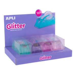 Apli Expositor Portarrollos Cinta Adhesiva Glitter Collection - 19x33mm - 4 Portarrollos Metacrilato Purpurina - Cuchilla Dentada - Dispensador Estable y Pesado - Ideal para Hogar, Oficina y Escuela