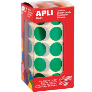 Apli Gomets Redondos Ø 20mm Verde Metalizado - 59 Hojas Pretroqueladas - Adhesivo Permanente - Normas EN-71 y FSC - Adhesivo Base Agua - Materiales Reciclables