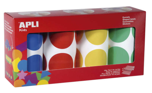 Apli Gomets Redondos Ø 45mm - Pack de 4 Rollos Surtidos - 1416 Gomets por Pack - Adhesivo Permanente - Hojas Pretroqueladas - Ideal para Guarderias - Desarrolla Psicomotricidad Fina - Cumple Normas EN-71 y FSC - Adhesivo Base Agua - Papeles ECF - Materia