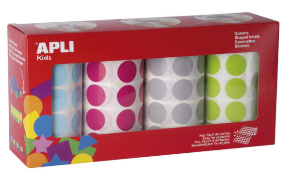 Apli Gomets Redondos Ø 20mm - Colores Surtidos - Adhesivo Permanente - 4 Rollos - 7080 Gomets - Desarrollo Psicomotriz - Normas EN-71 y FSC