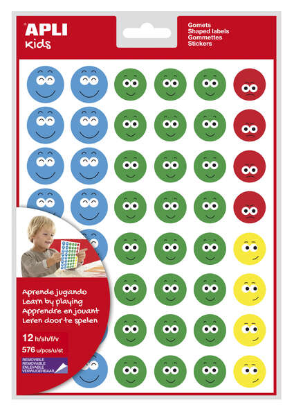 Apli Gomets Cara Feliz Ii - 576 Gomets por Bolsa - 4 Estilos de Cara Diferentes - Motivan y Premian a los Niños - Enseñan a Expresar Sentimientos - Adhesivo Base Agua - Libre de Disolventes