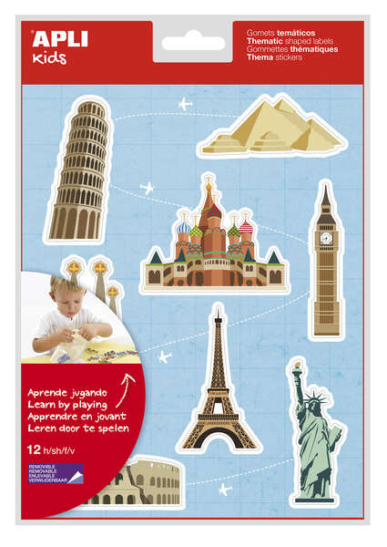 Apli Gomets Tematicos los Monumentos - 96 Unidades - Ilustraciones de Monumentos Famosos - Adhesivo Removible - Ideal para Escuelas - Adhesivo Base Agua - Libre de Disolventes - Colorido
