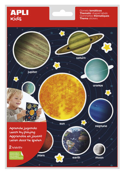 Apli Bolsa de Gomets Tematicos Sistema Solar - 40 Gomets en 2 Hojas - Adhesivo Removible - Ayuda Al Aprendizaje Visual y Motor - Cumple Normas EN-71 y FSC - 100% Reciclable - Colorido