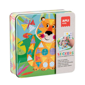 Apli Kids Juego de Gomets Modelo Tigre - 16 Laminas para Rellenar - 10 Hojas de Gomets Removibles de Formas Geometricas - Alto Valor Didactico - Caja Metalica con Diseño Exclusivo