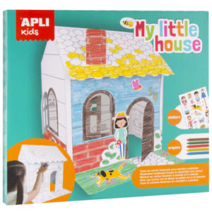 Apli Casa de Carton Auto Montable con Ilustraciones para Pintar - Incluye 2 Piezas de Carton, Hoja de Pegatinas y 5 Ceras de Colores - Desarrolla Habilidades Creativas y de Coordinacion - Colorido