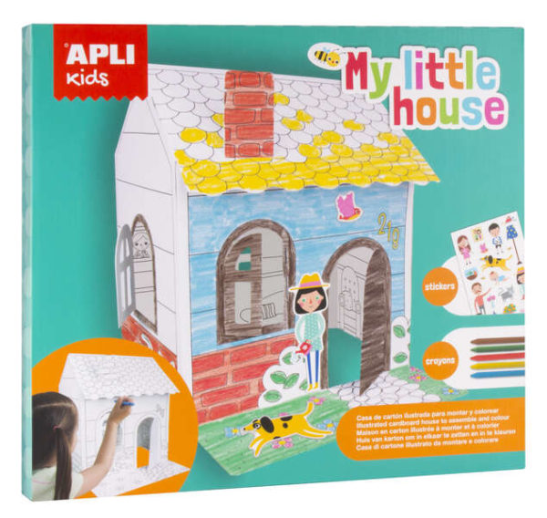 Apli Casa de Carton Auto Montable con Ilustraciones para Pintar - Incluye 2 Piezas de Carton, Hoja de Pegatinas y 5 Ceras de Colores - Desarrolla Habilidades Creativas y de Coordinacion - Colorido