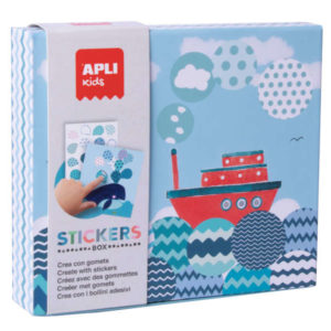 Apli Kids Juego de Gomets Barco - 8 Laminas Ilustradas de 200G - 8 Hojas de Gomets Removibles Geometricos - Libro Guia con Ejemplos - Alto Valor Didactico - Caja de Carton con Diseño Exclusivo