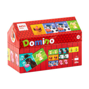 Apli Kids Domino de la Granja Ilustrado por Angelica Scudamore - 28 Piezas de 14x7 cm - Caja en Forma de Casita - Piezas Resistentes y Seguras - Mejora la Concentracion, Observacion, Memoria y Habilidades Matematicas