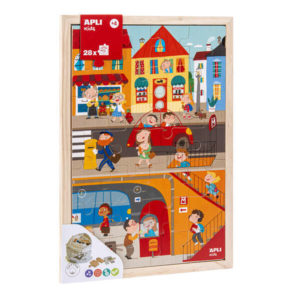 Apli Kids Puzle de Niveles la Ciudad - 254x5x376 mm - 28 Piezas de Madera - Diseño Infantil, Colorido, Claro y Simple - Bolsa de Algodon Organico - Mejora Concentracion, Observacion, Memoria y Resolucion de Problemas