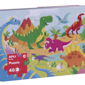 Apli Kids Puzle Dinosaurios - 48 Piezas de 5.5x6cm - Caja Metalica Rectangular - Diseño Exclusivo Infantil, Colorido, Claro y Simple - Piezas Resistentes y Seguras - Grosor de 2mm con Acabado Brillante E Indiana en el Dorso