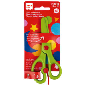 Apli Tijera Preescolar Ergonomica - Tamaño 13cm - Muelle para Apertura Facil - Hojas de Plastico - Punta Redondeada - Ideal para Niños de 3+ - Color Verde