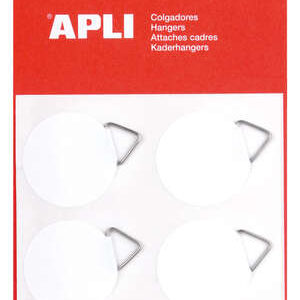 Apli Pack de 12 Colgadores Autoadhesivos Redondos Ø 30mm - Triangulo Metalico de Soporte - Base Adhesiva Blanca - Gran Resistencia - Ideal para Fotos, Calendarios y Posteres