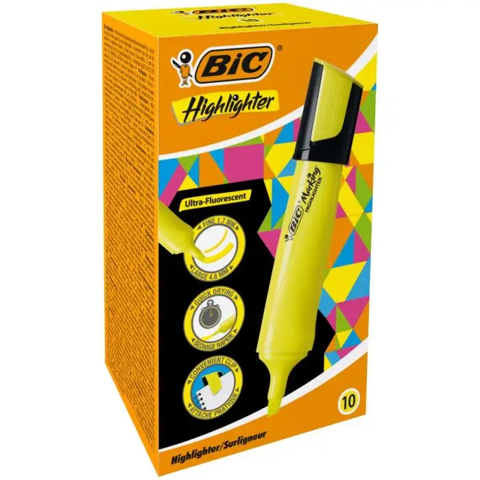 Bic Marking Highlighter Flat Marcador Fluorescente - Punta Biselada - Trazo entre 1.70 y 4.80 mm - Tinta con Base de Agua - Color Amarillo