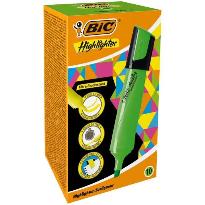 Bic Marking Highlighter Flat Marcador Fluorescente - Punta Biselada - Trazo entre 1.70 y 4.80 mm - Tinta con Base de Agua - Color Verde