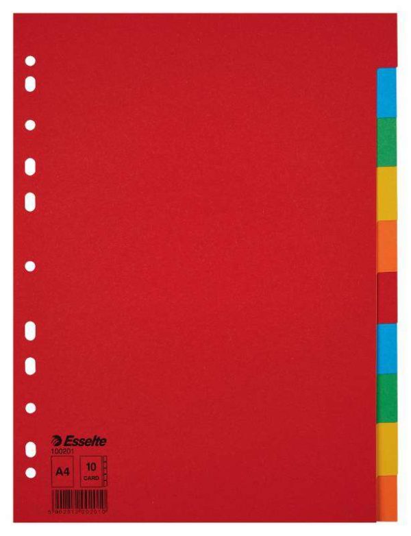 Esselte Separadores Scarton A4 10 Pestañas 5 Colores Gramaje150Grs sin Caratula Indice - Multicolor Materia Lcarton - Tamaño A4 - Multitaladro - 10 Pestañas 5 Colores - Presentacion en Bolsa Individual
