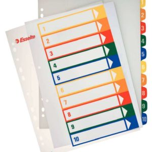 Esselte Indices Proyectos Imprimibles A4 Maxi PP Tipo 1-10 Multicolor Material PP Rigido 300 Micras Portada 350 Micras Tamaño A4 Maxi