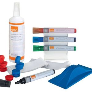 Nobo Kit de Usuario para Pizarra Blanca - Incluye Rotuladores, Borrador, Espray y Paño de Limpieza - Accesorios para Pizarras Blancas - Color Blanco