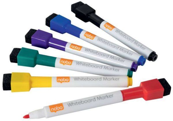Nobo Mini Rotulador Pizarra Blanca con Tapa Borrador Magnetica - 6 Colores Surtidos - Punta Fina 2mm - Destaca en Pizarras Blancas