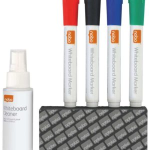 Nobo Kit Basico Accesorios Pizarra Blanca Borrado Seco - 4 Rotuladores Pizarra - Borrador Pizarra - Spray Limpiador 50Ml - Negro, Azul, Rojo, Verde - Color Blanco