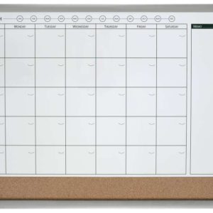 Nobo PlaNIFicador Pizarra Magnetica Pequeña con Tablero de Anuncios de Corcho 585x430mm - Semanal y Mensual - Marco Plateado y Negro - Blanco