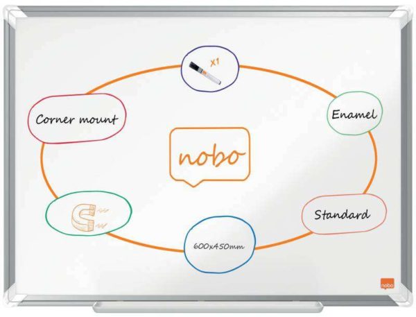 Nobo Premium Plus Pizarra Magnetica de Acero Vitrificado 600x450mm - Montaje en Esquinas - Superficie de Borrado Superior - Color Blanco