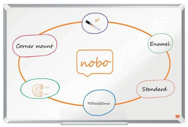 Nobo Premium Plus Pizarra Magnetica de Acero Vitrificado 900x600mm - Montaje en Esquinas - Superficie de Borrado Superior - Color Blanco
