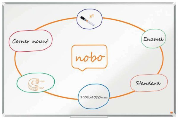 Nobo Premium Plus Pizarra Magnetica de Acero Vitrificado 1500x1000mm - Montaje en Esquinas - Superficie de Borrado Superior - Color Blanco
