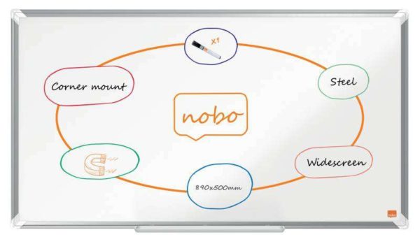 Nobo Premium Plus Pizarra Magnetica de Acero Lacado Panoramica 890x500mm - Montaje en Esquina - Blanco