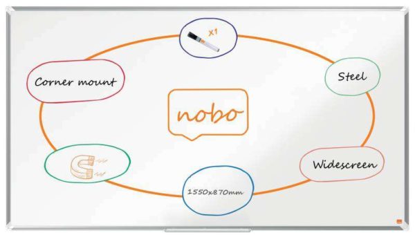 Nobo Premium Plus Pizarra Magnetica de Acero Lacado Panoramica 1550x870mm - Montaje en Esquina - Blanco