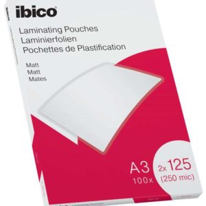 Ibico Caja de 100 Laminas de Plastificar Mate A3 125 Micras - Superficie Mate - Plastifica Papel, Fotos, Tarjetas de Visita - Transparente