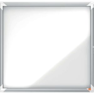 Nobo Vitrina para 6 Hojas A4 - Superficie Blanca Magnetica - Puerta de Cristal de Seguridad - Marco de Aluminio - Color Blanco
