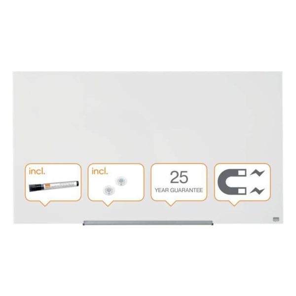Nobo Impression PRO Pizarra Magnetica de Cristal 1260x710mm - Diseño sin Marco - Ultra Capacidad de Borrado - Resistente a Manchas y Arañazos - Color Blanco