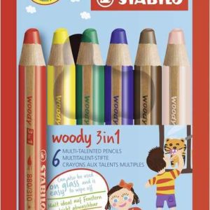 Stabilo Woddy 3 en 1 Pack de 6 Lapices de Colores - Lapiz de Color, Cera y Acuarela, Todo en Uno - Mina XXL 10mm - Colores Surtidos