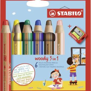 Stabilo Woddy 3 en 1 Pack de 6 Lapices de Colores + Sacapuntas - Lapiz de Color, Cera y Acuarela, Todo en Uno - Mina XXL 10mm - Colores Surtidos