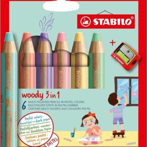 Stabilo Woddy 3 en 1 Pack de 6 Lapices de Colores Pastel + Sacapuntas - Lapiz de Color, Cera y Acuarela, Todo en Uno - Mina XXL 10mm - Colores Surtidos Pastel