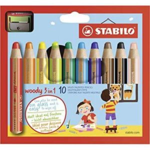 Stabilo Woddy 3 en 1 Pack de 10 Lapices de Colores + Sacapuntas - Lapiz de Color, Cera y Acuarela, Todo en Uno - Mina XXL 10mm - Colores Surtidos